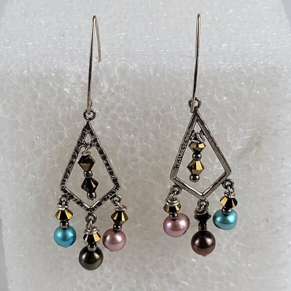 Sterling Silver 925 Multicolor Pearls Crystal Chandelier Earrings 1.5" Hook - Picture 1 of 6
